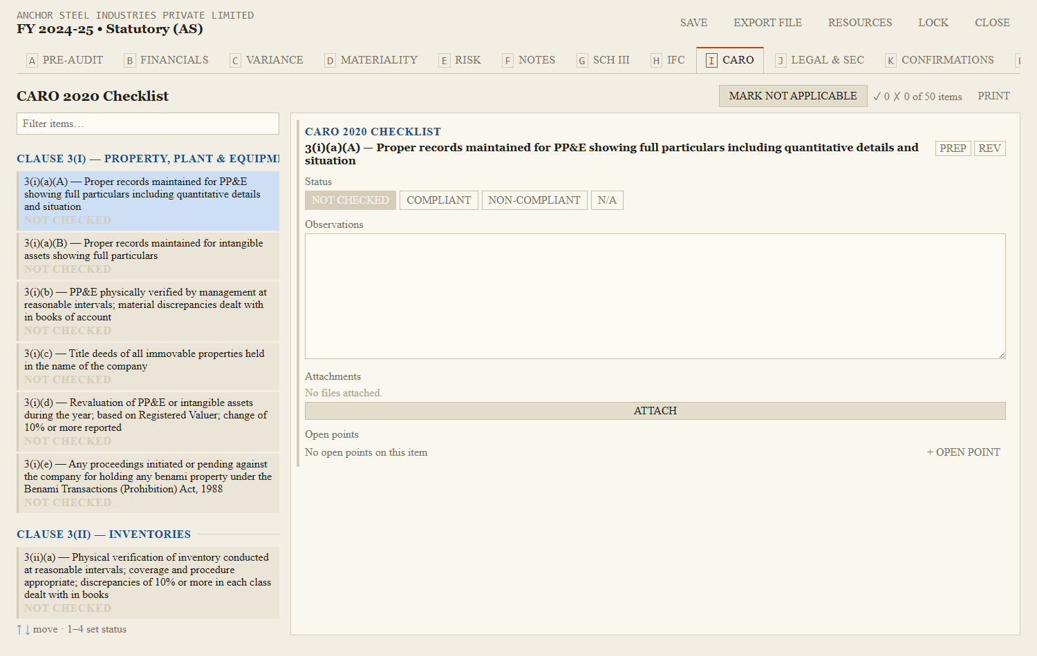 CARO 2020: pick an item, set its status, record what you saw. Every checklist tab works this way.