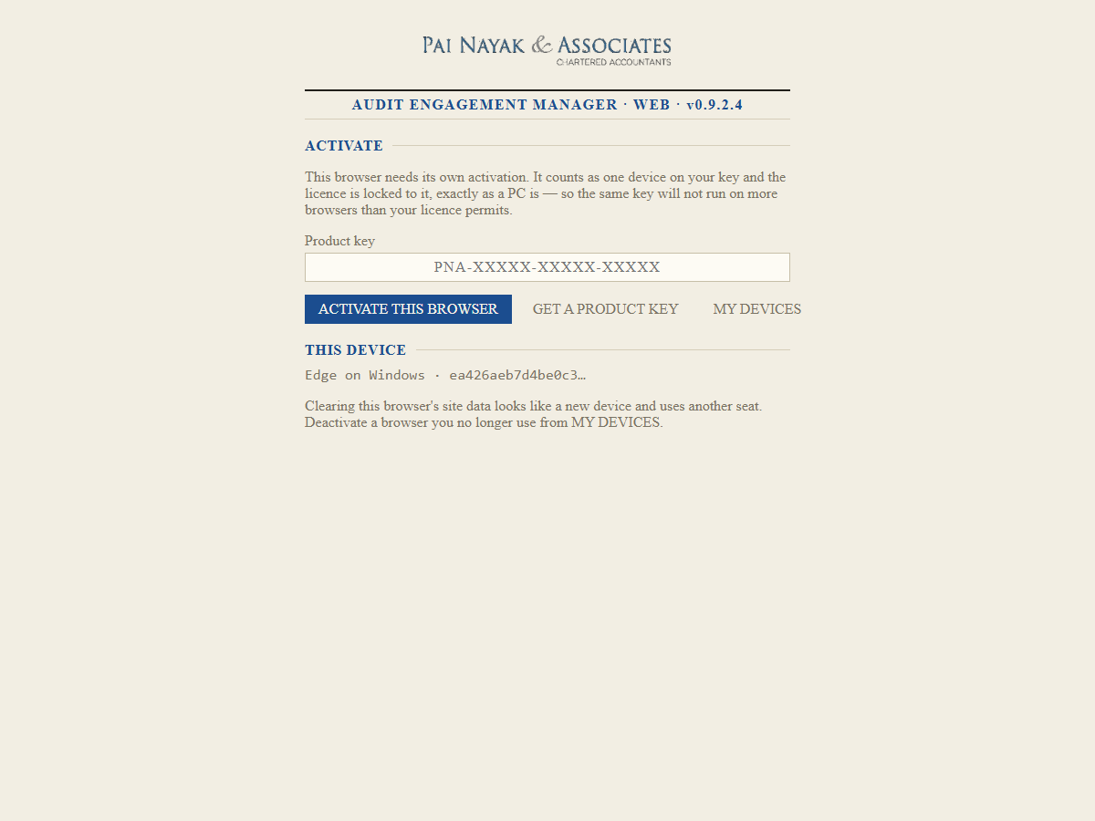 The browser edition activates with the same product key. A browser takes a seat, exactly as a PC does.